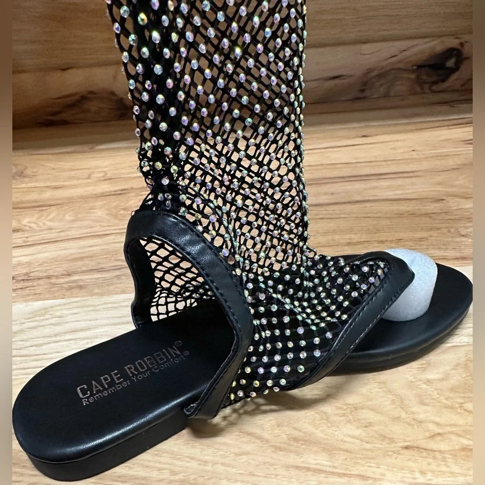 Cape Robbin Hude Rhinestone Mesh Thigh High Flat Sandals - Black NWT - Picture 6 of 10